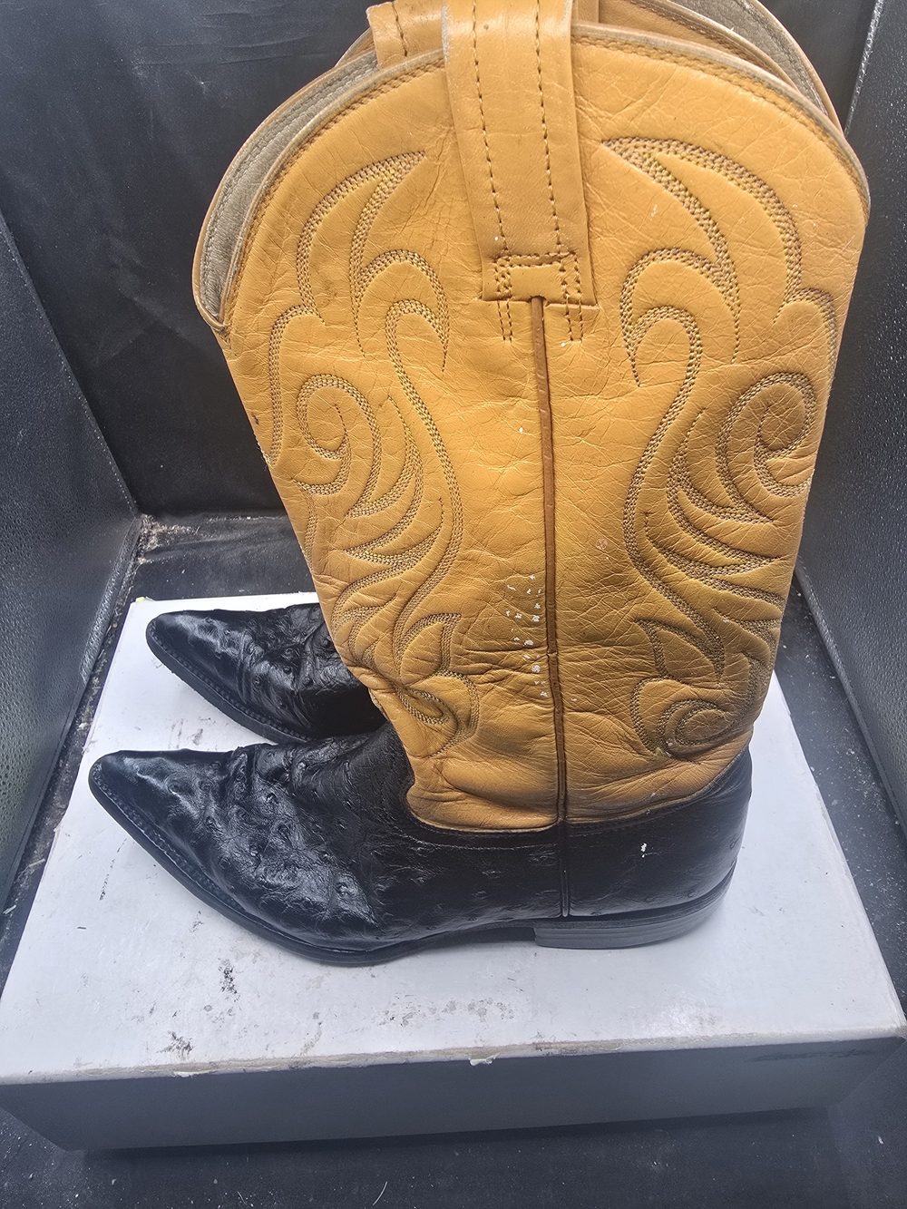 Men's Two-Tone Western Boots - Black Foot & Tan Shaft - Picture 2 of 8